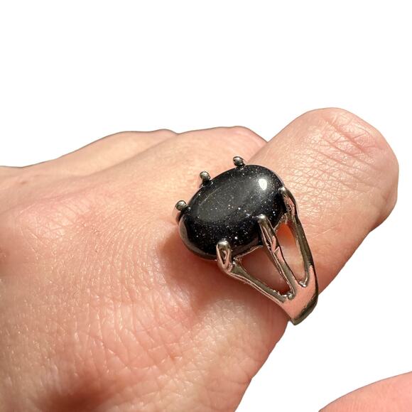 Dark Blue Goldstone Semi-Precious Silver Plated Ring New 7.75 - Picture 4 of 6